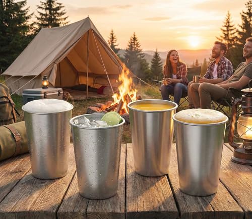 Stainless Steel Pint Cups Water Tumblers 16 oz - Unbreakable, BPA Free, Stackable Premium Quality 18/18 Metal Drinking glasses for Home & Outdoor Activities, Picnic, Travel & Camping (4-Pack) - color: Stainless Steel, style: 16 oz