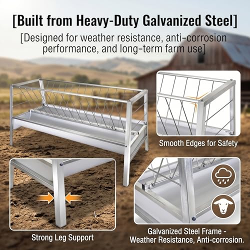 Livestock Hay Feeder,95 Gallon 2 in 1 Grain & Hay Feeder, 59 Inch Long Heavy Duty Steel Goat Hay Feeder with Deep Feeding Pan, Livestock Hay Rack for Goats, Sheep, Horse, Farm & Barn Pasture Use