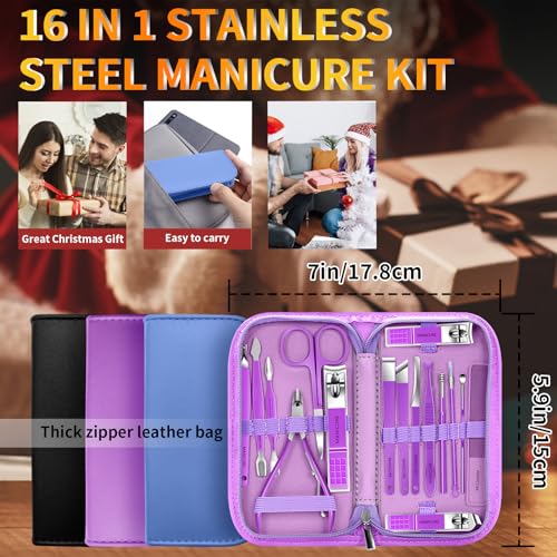 Manicure Set 16Pcs Professional Stainless Steel Pedicure Kit Mens Grooming Kit Fingernail & Toenail Clippers Set Manicure Kit with Luxurious Travel Bag, Sharp Nail Scissors and Clipper (Purple) - color: 16Pcs-Purple