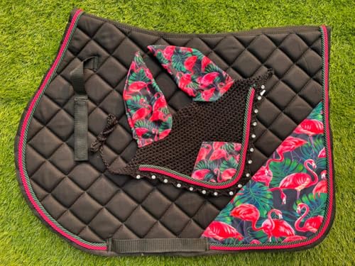 Flamingo English Saddle Pad Set Numnah Horse Ear Bonnet Saddle Cloth Saddle Blanket Horse Riding Wears - size: PONY