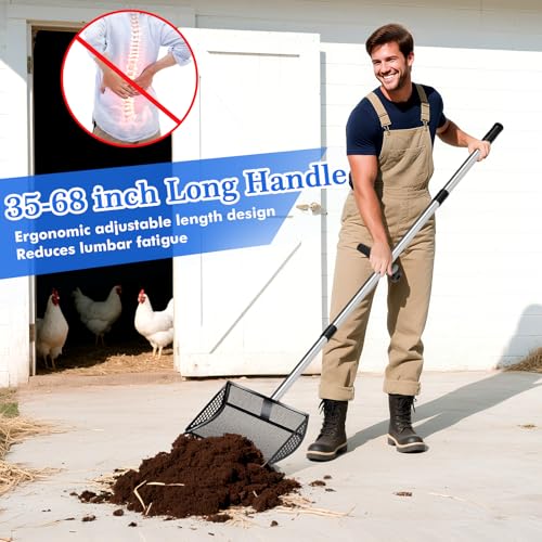 Chicken Poop Scooper Rake 2-in-1,304 Stainless Steel Shovel Head, Chicken Litter Scoop with Handle for Chicken Coop for Sand, Pet Waste Cleaning, Litter Sifting Shovel (35 to 65") (Black, 12inch) - color: Black