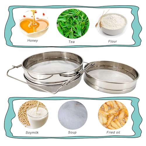 Honey Strainer,Double Sieve 304 Stainless Steel,for 5 Gallon Bucket | Double-sieve stainless steel strainer with adjustable arms, designed for filtering honey into buckets, pails, and honey tanks