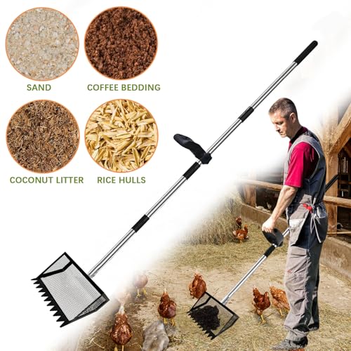 12"Chicken Poop Scooper Rake 2in1 with Adjustable Handle,Chicken Poop Scoop | Chicken Coop Scoop for Sand,Wide 10”Poop Shovel Cleaning Tools, Heavy Duty Sifting Shovel,Chicken Coop Accessories,Black Max