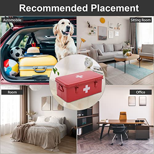 First Aid Medicine Box, First Aid Kit Supplies Bin, Metal Medicine Storage Tin, First Aid Empty Box with Safety Lock for Home Emergency Tool Set-Red - color: Red