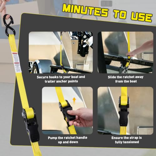Boat Tie Down Straps to Trailer, 1 Inch x 4 FT Boat Transom Straps, 2100 LBS Break Strength with Security Lock S Hooks, Adjustable Boat Straps for Trailer, Jet ski, Boat, Kayak - color: Yellow