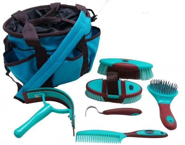 Showman (6 Piece Soft Grip Horse Grooming Kit w/Nylon Carrying Bag - color: Teal