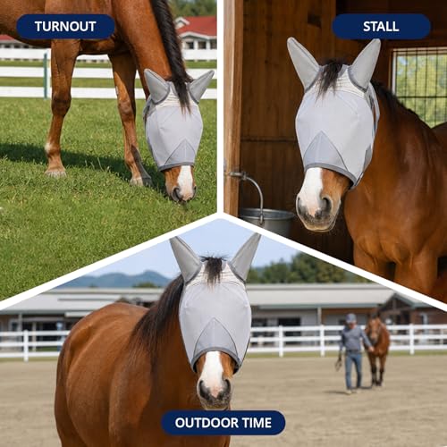Adjustable Horse Fly Mask with Ears, UV Protection Mesh Fly Mask for Horse, Comfortable No Nose Design, Fits Average & Large Horse, Ideal as UV Fly Mask for Horses Against Insect Pests