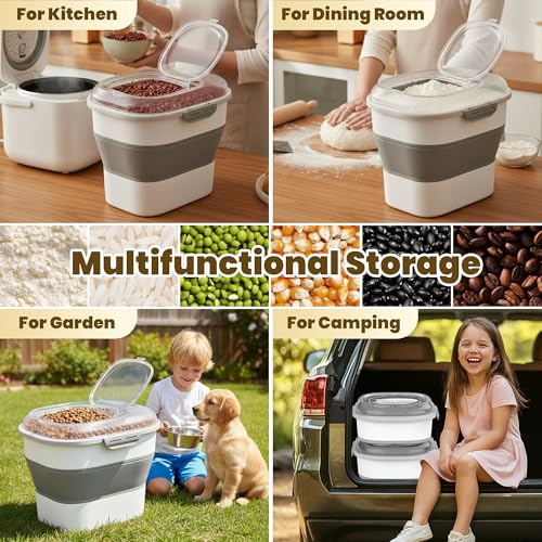 HOYTAMDAR 50Lbs Collapsible Rice Container,Airtight Food Storage container | Rice Storage Container with Clear Lid,Wheel,Date Tracker,2pcs Bins&Measuring Scoop,Rice Dispenser for Pet Food Rice Flour - color: Clear/50lbs