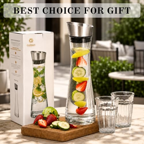 GLASKEY Glass Water Carafe with Lid, 33 oz Glass Water Jug, Dishwasher Safe, Borosilicate Glass Pitcher for Hot and Cold Water, Milk, Coffee and Homemade Drinks - size: 33.8 Ounces
