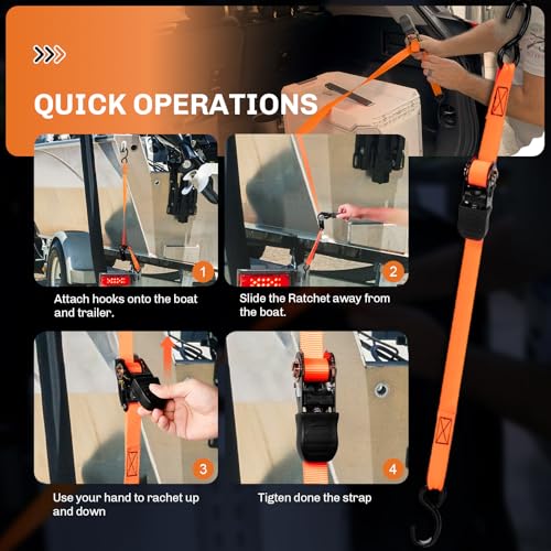 WELLUCK Boat Trailer Transom Tie Down Straps 2400 LBS, 1 Inch x 4 FT Heavy Duty Retractable Ratchet Straps Tie Downs to Trailer Marine Jet Ski Pontoon, with Quick Release Buckle & Anti-Scratch Hooks - color: Orange