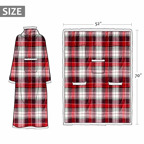 Catalonia Sherpa Wearable Blanket with Sleeves and Pocket for Adults - color: Red Plaid, size: Standard Pocket