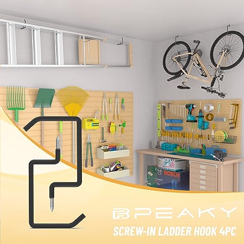 Screw in Ladder Hook, Black Heavy Duty Tool Holders 4PC, Bike Hooks, Wall Mount Garage Storage Hanger, Shelf Organizer for Hanging Bike, Ladder, Folding Chair, Cord (Pack of 2) - size: 5.7'' (Width:4.72'') (Pack of 2)