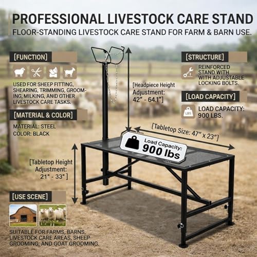 Goat Stand, 900 lbs Goat Milking Stand with 47 x 23 in Platform, 21 in to 33 in Adjustable Height, 42 in to 64.1 in Headpiece, Goat Trimming Stand for Grooming