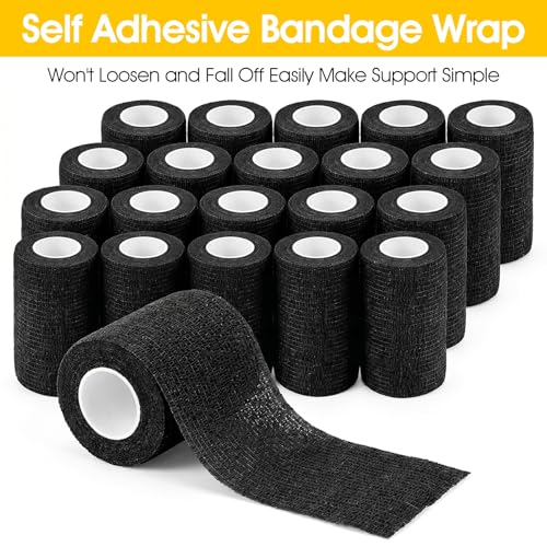 24 Packs Self Adhesive Bandage Wrap, Black Bandage Wrap 4 Inch x 5 Yard, Elastic Cohesive Bandages Tape for Sports Wrist Ankle Support, Vet Wraps for Horses Dogs Wound Care