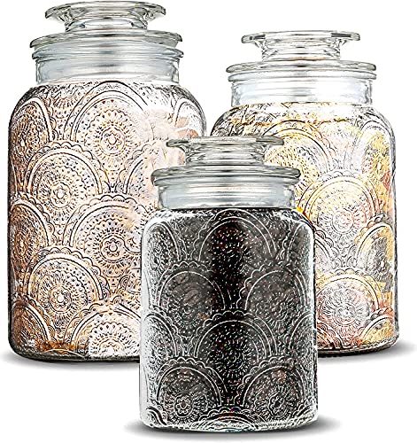 Le'raze Food Storage Containers with Airtight Lids - Retro Design - Pantry Organization, Glass Canisters Storage for Cookies, Tea, Sugar, Candy Jars, Sugar Packet, Set of 3