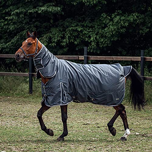 HORZE Glasgow Medium Weight Waterproof Combo Turnout Winter Horse Blanket with Neck Cover (150g Fill) - Iron Gate Grey/Safari Beige - 75