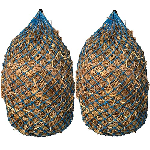 Majestic Ally 2 Pcs 1.25”x1.25” Holes Ultra Slow Feed 40” Very Sturdy Hay Net with Bottom Ring for Goat, Sheep and Livestock Simulatr grazing, Reduces Waste (Hurricane Blue) - color: Hurricane Blue