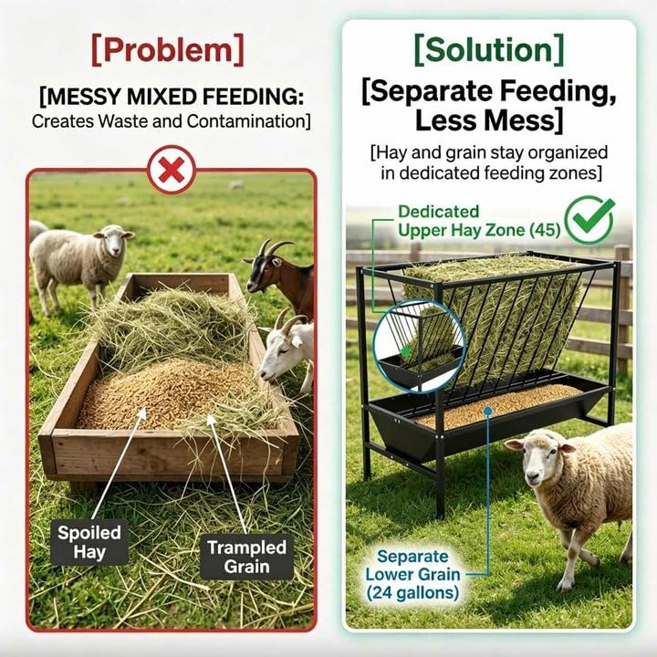 Multi-Purpose Hay Feeder, 45 Gallon Hay Storage with 25 Gallon Grain Feed Water Trough, Heavy Duty Metal Livestock Rack for Goat, Sheep, Horse, Cow, Pig, Indoor Outdoor Use