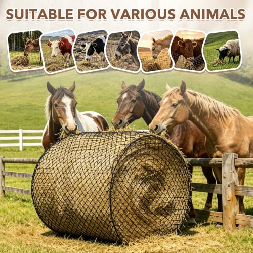 Pindex 6X6ft Round Bale Hay Net for Horses Slow Feed,Knotless-Livestock Slow Feed Hay,Fits 4x4 5x5 6x6 Round Bales,Heavy Duty &1.75inch Holes Feeder Nets for Horses Goats Cattle Reduce Waste