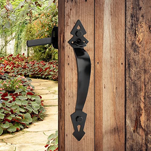 Thumb Gate Latch Hardware for Wooden Fence Heavy Duty, Self Closing Door Latches with 8" Decorative Handle, Gate Lock Kit for Outdoor Garden, Pool, Metal Gate, Vinyl Fence, Steel, Black Finish