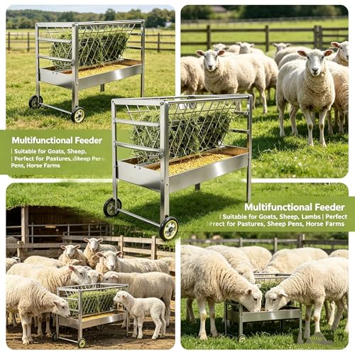 Galvanized Steel Feeder, 2 in 1 Livestock Feeder for Goats Sheep Lambs, Mobile Livestock Feeder with Wheels for Outdoor Farm Use
