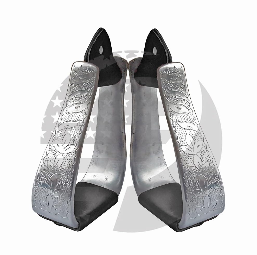 Aluminum Engraved 4.75" Adult Western Horse Stirrups with Original Leather