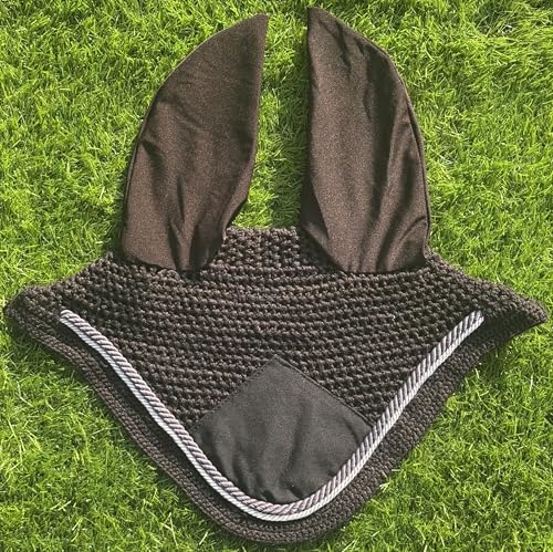 Elegant Black with Grey Horse Ear Bonnet, Fly Veil & Fly Mask – Fly Protection with Style and Comfort for Every Ride (Black with White & Grey, COB) - size: COB