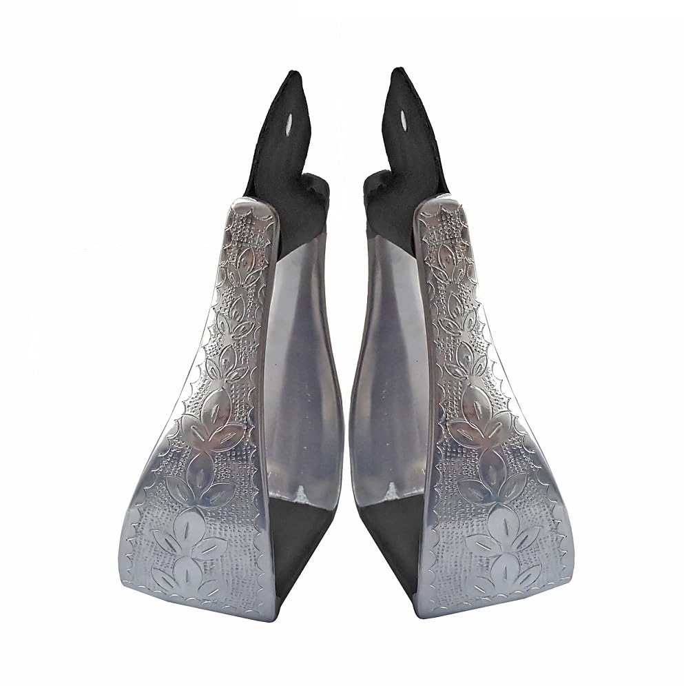 Aluminum Engraved 4.75" Adult Western Horse Bell Stirrups with Original Leather - color: Black Leather