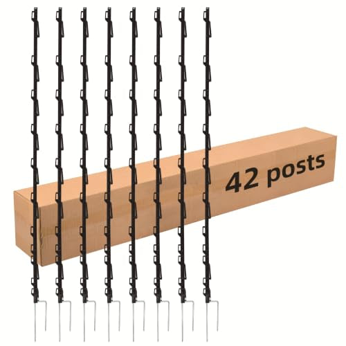 Step-in Fence Posts 42 Pack, 66.6 Inch Plastic Post with Double Steel Stake, 18 Clips for Electric Wire Tape Rope, Black, Temporary Fencing