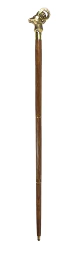 Handcrafted Solid Brown Wooden Walking Stick with Brass Golden Wild Sheep Head Handle Foldable Durable Walking Cane for Seniors & Adults