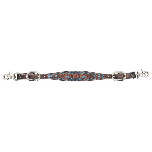 Circle Y Bronco Blue Texas Flower Adjustable Durable Leather Wither Strap with Turquoise & Brown Detailing, Rust-Resistant Hardware & Hand-Tooled Filigree | Horse Tack for Riding & Shows