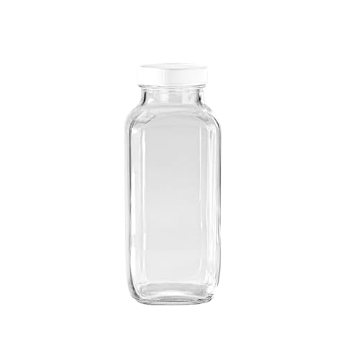 Fox Run Square Glass Milk Bottle, Leaf-Proof 16.9 oz Juice and Creamer Container with Lid