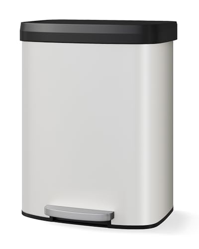 Garvee 16 gal / 60 L Metal Trash Can with Lid, Large Garbage Can for Kitchen, Rustproof Step-on Kitchen Metal Trash Bin with Liner Rim, Rear Handle, Soft Close Plastic Lid, White - color: White, size: 15.8 Gallons