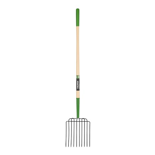 Truper Tru Tough 10-Tine Manure and Bedding Fork, 54-Inch Premium Ash Wood Handle, Forged Steel Head, Heavy-Duty Agricultural & Stable Tool (Model BPJ-10L / 30331)