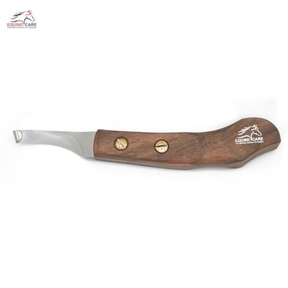 Equine Care Right-Handed Farrier Hoof Knife, Sheesham Wood Handle | Farrier hoof knife with genuine Sheesham wood handle; curved J2 stainless steel blade; brass screws; RH or LH - style: Right Handed