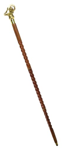 Handcrafted Spiral Brown Wooden Walking Stick with Brass Golden Wild Sheep Head Handle Foldable Durable Walking Cane for Seniors & Adults