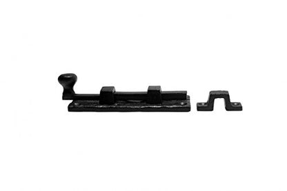 Renovators Supply Manufacturing Slide Bolt Latch 4 in. Black Wrought Iron Slide Bolt with Catch and Mounting Hardware Pack of 2