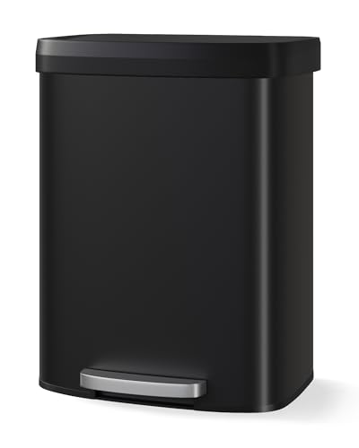 Garvee 16 gal / 60 L Metal Trash Can with Lid, Large Garbage Can for Kitchen, Rustproof Step-on Kitchen Metal Trash Bin with Liner Rim, Rear Handle, Soft Close Plastic Lid, Black - color: Black, size: 15.8 Gallons