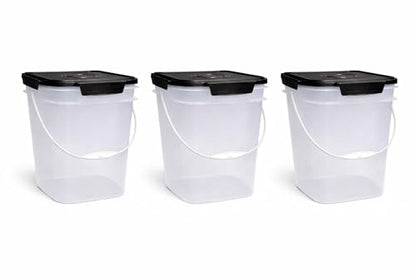 House Naturals 4 Gallon Square Food Grade Bucket Pail with Plastic Handles and Lid (Pack of 3) (Clear - Black lids) - color: Clear - Black Lids