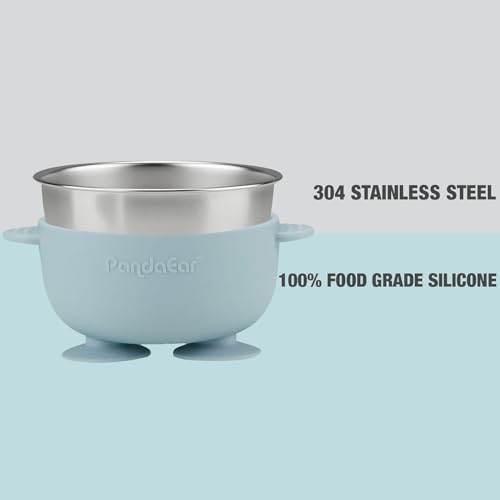 PandaEar 6-in-1 Stainless Steel Baby Feeding Set | Divided Suction Plate, Bowl, Sippy Cup with Straw, Bib, Spoon & Fork | BPA-Free Toddler Feeding Essentials for Self-Feeding (Blue) - color: Blue