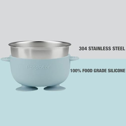PandaEar 6-in-1 Stainless Steel Baby Feeding Set | Divided Suction Plate, Bowl, Sippy Cup with Straw, Bib, Spoon & Fork | BPA-Free Toddler Feeding Essentials for Self-Feeding (Blue) - color: Blue