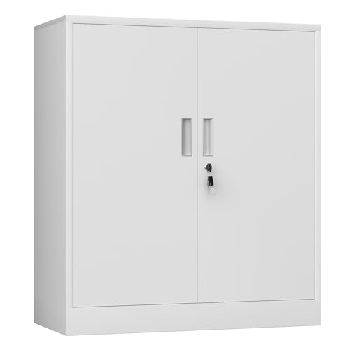 Metal Storage Cabinet with Locking Doors and 2 Adjustable Shelves, Small Lockable Steel Storage Cabinets for Home Office Garage Kitchen Pantry (White) - color: White, size: 36.22"H