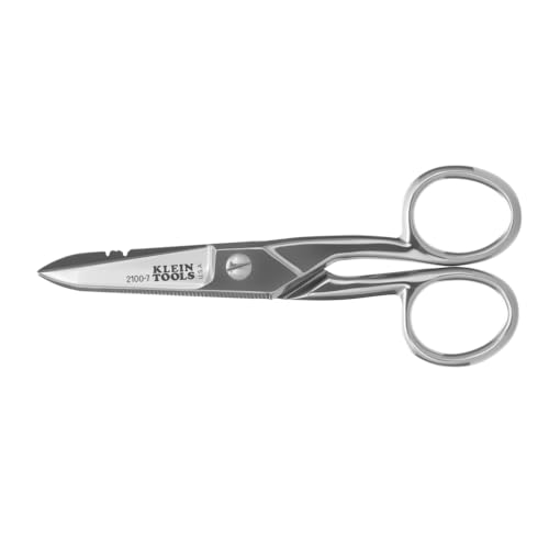 Klein Tools 2100-7 Electrician Scissors, Made in USA, Nickel-Plated Scissors with Stripping Notches, Made in USA, 5.25-Inch Snips for Datacom, Telecom, Electrical and Heavy-Duty Use - style: Nickel Plated