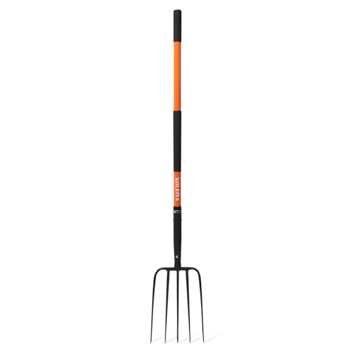 KOLEIYA 5-Tine Pitchfork for Gardening, 57-Inch Heavy Duty Garden Fork with Orange Fiberglass Handle for Compost, Mulch and Manure - color: Orange