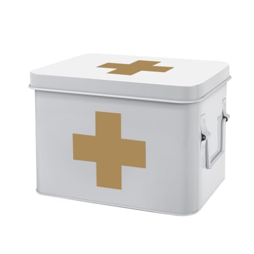 Flexzion Large Metal First Aid Box Empty, 8.5-Inch, White with Gold Cross - color: White - Gold Cross, size: 8.5 Inch without Latch Lock