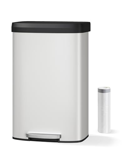 Garvee 21 gal / 80 L Metal Trash Can with Lid, Large Garbage Can for Kitchen, Rustproof Step-on Kitchen Metal Trash Bin with Liner Rim, Rear Handle, Soft Close Plastic Lid, White - color: White, size: 21.1 Gallons
