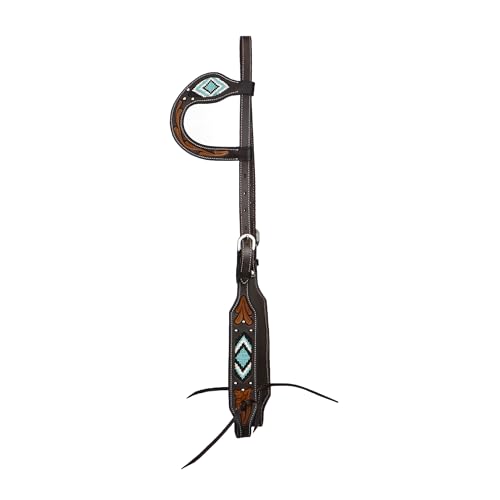 SIE Turquoise Beaded Floral Carved Leather Tie-Down Noseband for Horses, Western Tack - size: Cob, style: One Ear