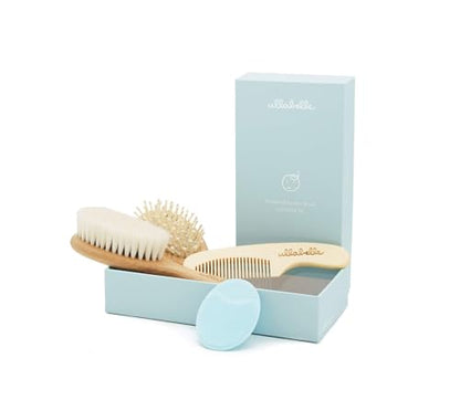 Ullabelle 4 Piece Wooden Baby Hair Brush and Comb Set for Newborns & Toddlers in Chic Gift Box - Ultra Soft Natural Goat Hair and Wood Baby Brush Set Prevents Cradle Cap - Perfect Registry Gift (Blue) - color: Blue