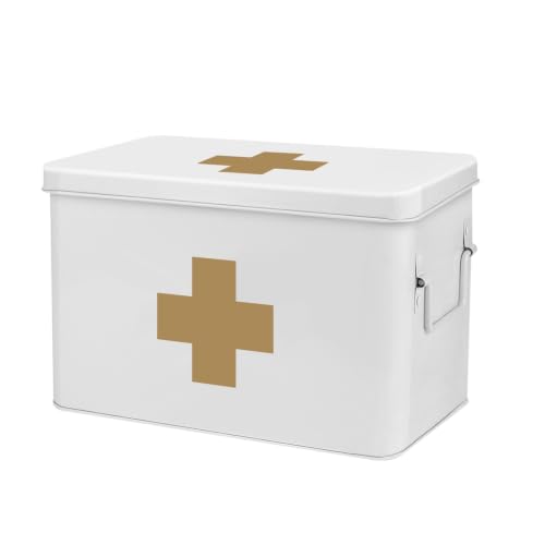 Flexzion Large Metal First Aid Box Empty, 13-Inch, White with Gold Cross - color: White - Gold Cross, size: 13 Inch without Latch Lock