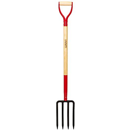 Garden Fork,4-Tine Spading Fork,Compost Fork,Steel Digging Fork,45Inch,Steel Y-Grip,Wooden Handle